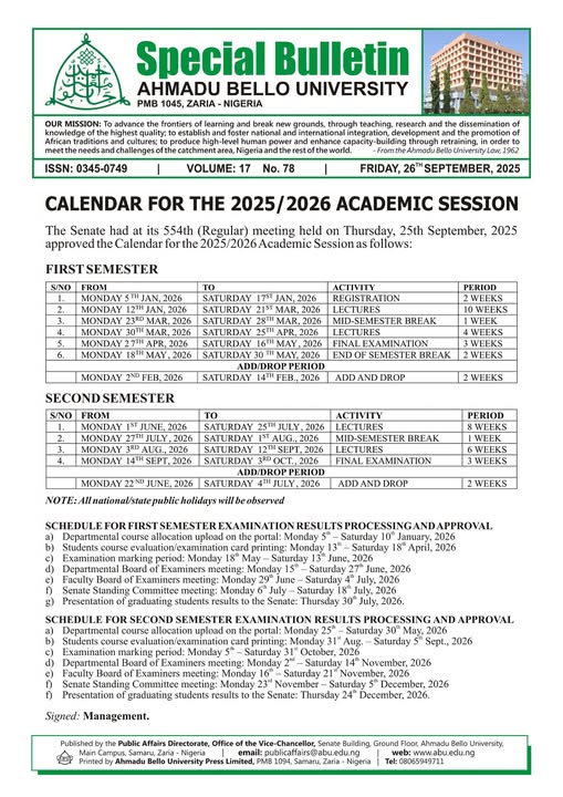 ABU Academic Calendar 2025/2026